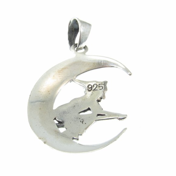 Solid 925 Sterling Silver Crescent Moon Witch Flying on Broomstick Pendant - Picture 10 of 10